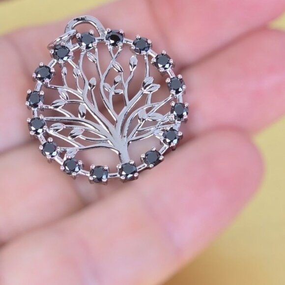 925 Sterling Silver Pendant "Tree Of Life" with Genuine Blk Moissanite Gemstones - Picture 2 of 7